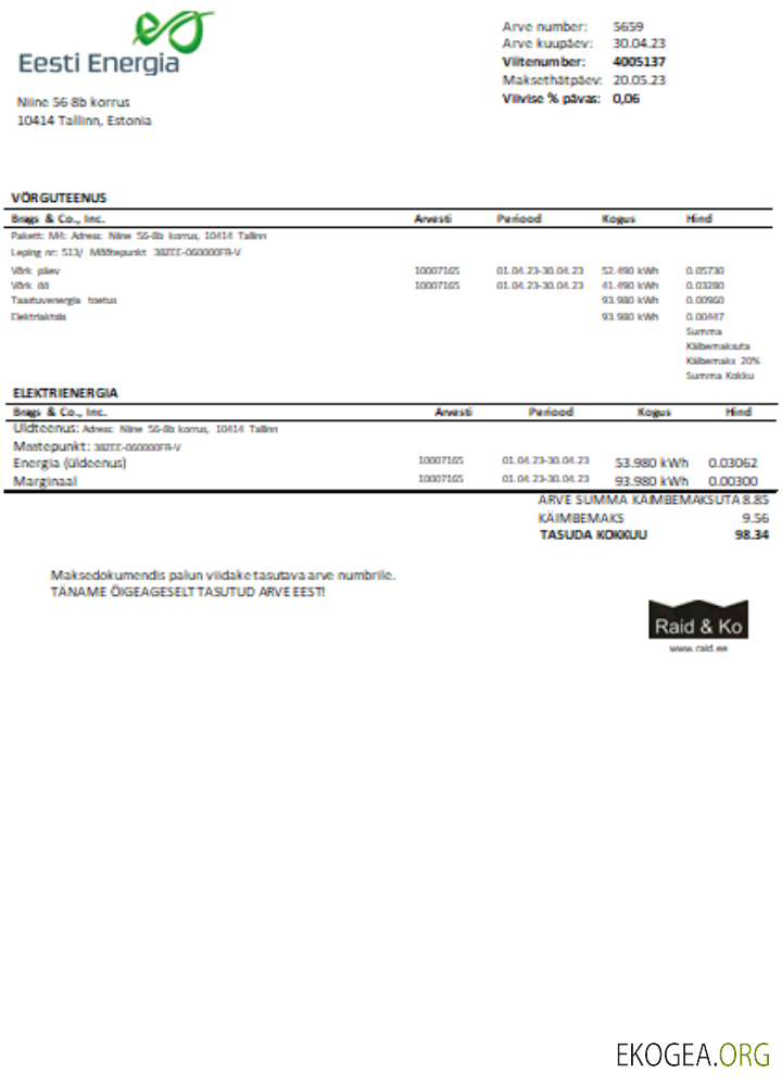 Facture commerciale du service public d'électricité Eesti Energia SCR